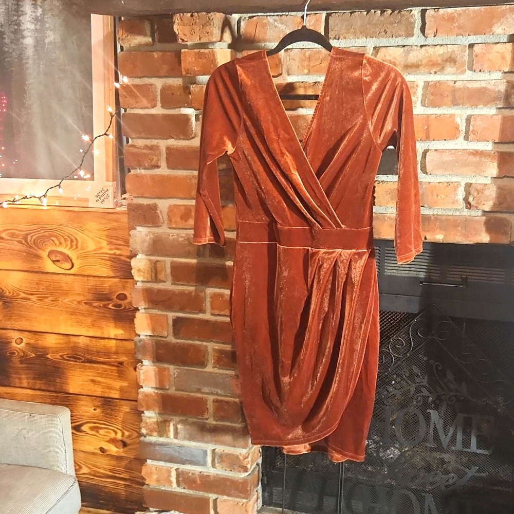 Copper suede midi crossover dress